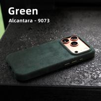 Rankų darbo ALCANTARA dėklas IPhone 17 Pro / 17 Pro Max, suderinamas su MagSafe, prabangus zomšas, odinis, superautomobilio telefono dėklas iPhone17 Pro žalia