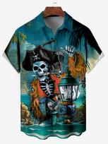 Men's Hawaiian Skeleton Pirate Captain Storm Sailing Cartoon Print Shirt Short Sleeve Shirt Summer Loose Beach Shirts For Boy 2XL black