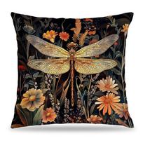 VIKAMA Vintage Golden Dragonfly & Wildflower Pillow Cover  Dark Botanical Pillowcase for Couch Bedroom Home Decor 30x30cm