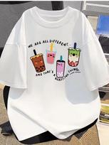 Unisex Milk Tea Print Short Sleeve T Shirt Unisex Casual Loose Oversized Daily Wear Streetwear Trendy Summer Blouse S