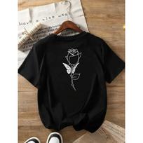 Front and Back Printed Fashionable Short-Sleeved Summer Essential Roses and Butterflies, Rose Print Crew Neck Women'S Casual Top - Women'S Clothing, S juoda