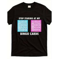 Men's & Women's Stop Staring At My Bingo Cards Graphic T-Shirt - Black with Colorful Bingo Print, 220GSM Pure Cotton Retro Streetwear Tee, S juoda