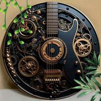 Round Steampunk Guitar Music Gear Metal Wall Art Home Office Decor 40x30cm balta