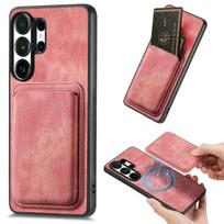 2 viename magnetinis retro kortelių dėklas-piniginė iš odos Samsung S25 Ultra S24 Plus S23 A16 A56 A36 A06 A17 A07, odos pojūčio dangtelis Samsung Galaxy M36 rožinė
