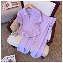 Plus Sizepolo Collar Short Sleeved T-shirt Top Wide Leg Pants Two-piece Set Elegant Women's Casual Temperament Set S