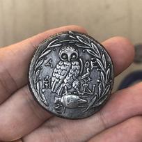 Antique Style Silver Plated Brass Coin Replica Featuring Owl and Ancient Symbols with Detailed Engraving and Vintage Finish Collectible One Size