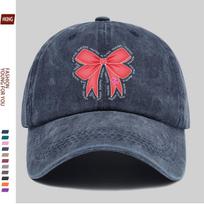 Red Bow Pink Heart Washed Baseball Cap Vintage Denim Adjustable Outdoor Sun Hat One Size