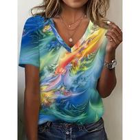 Hot Sale Gorgeous Textured Halo 3D Digital Printing Women's High Street Fashion Versatile Loose Breathable Short Sleeve V-Neck T-Shirt S