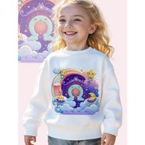 European sizes Kids Whimsical Skyland: A Dreamy Cartoon Illustration Print Long Sleeve Crewneck Sweatshirt - Soft Casual Pullover Top 110 balta