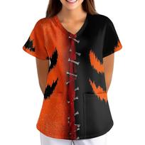 Women's Halloween Printed V-Neck Short Sleeve Costume Top with Pockets, Loose Fit Scrub Tunic L juoda