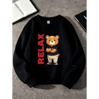 Kids Unisex Crewneck Sweatshirt, Red Vertical RELAX Cool Cartoon Bear Print Long Sleeve Pullover, Soft Sweatshirt for Boys Girls Over 4 Years Old 110 juoda
