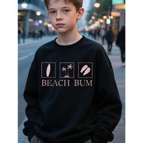 Kids Unisex Crewneck Sweatshirt, Beach Bum Surfboard Palm Tree Flip Flop Print Long Sleeve Pullover, Soft Sweatshirt for Boys Girls Over 4 Years Old 110 juoda