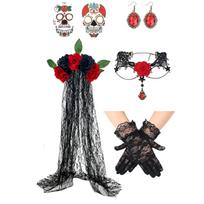Halloween Headband Necklace Gloves Earrings Sticker 5-Piece Costume Accessories Set for Women Girls One Size juoda