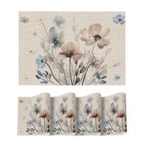 Brown Poppy Floral Vinyl Spring Placemats Set of 6, Wipeable Plastic Woven PVC Table Mats for Party Kitchen Dining Decor, 12x18 Inch 12" x 18", Rectangular Set of 4