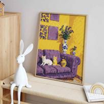 Diamond painting kit. full diamond round mosaic cats on purple sofa handmade. home decoration gift Round 20x30cm