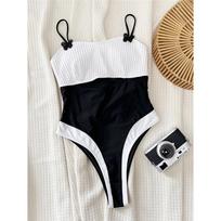 Sexy Splicing Cut Out Ribbed One Piece Swimsuit Women Swimwear Female High Leg Cut Padded Bather Bathing Suit Swim S juoda/balta