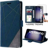 Case + 2 Tempered Glasses for Samsung Galaxy S23 - Navy Blue Leather Effect Flip Case