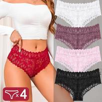 4PCS Women Floral Lace Panties Sexy Perspective G-String High Waist Solid Color Underpants Female Breathable Intimates Lingerie S
