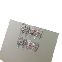 1set of High-end Transparent Black and Silver Cat's Eye Long Nail Art Tablets, Heavy Industry Pink Diamond Long Pointed Fake Nail Patches