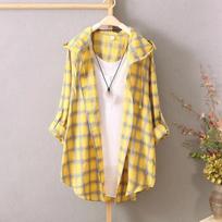 Fashion Sun-Proof Hooded Spring And Summer Women's Plaid Shirt Top-Grade Loose Coat Shirt Women S geltona