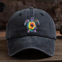 Vibrant Floral Turtle Baseball Cap Washed Cotton Adjustable Vintage Sun Visor for Unisex One Size