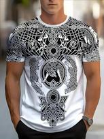 Men's Black and White Tribal Wolf Tee, Norse Mythology Inspired Knot Pattern, Breathable Short Sleeve for Street and Urban Style XXS balta