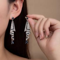 Elegant Blue Crystal Drop Tassel Stud Earrings for Women beige