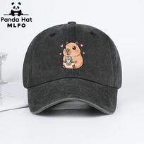 Capybara Boba Tea Graphic Washed Baseball Cap Casual Adjustable Cotton Outdoor Sun Hat One Size
