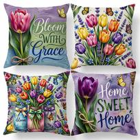 1/4pcs 2D Flat- Watercolor Spring Tulip and Lavender Mason Jar Floral Throw Pillow Cover Home decoration cushion cover 40x40cm