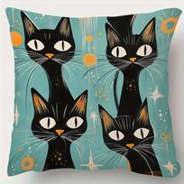 Vintage Cat Cushion Cover, Mid Century Modern Black Cat Pillowcase, Retro Animal Print Home Decor, Sofa Throw Pillow 40x40cm