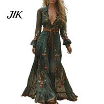 Women Prom Dress Turn-down Collar Flower Printing Pleated A-line Ruffle Patchwork Casual Party Three-Quarter Sleeves Maxi Spring Fall Dating XXL