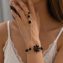 Light Luxury Black Zircon Flower Connected Finger Ring Bracelets for Women Red Green Flowers Link Chain Bracelet Party Jewelry