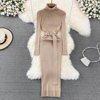 Elegantiška, elegantiška suknelė ilgomis rankovėmis Bodycon su diržu Sexy Fashion Knit Vestido Slim rudens žiemos pieštuku megztinis chalatas One Size oranžinė