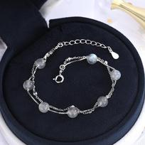 S925 sterlingo sidabro krištolo mėnulio akmens dvigubo sluoksnio apyrankė korėjietiško stiliaus miško pilkos spalvos mėnesienos rutulinė apyrankė Adjustable size