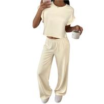 Women's 2-Piece Fashion Casual Short Sleeve T Shirt And Wide Leg Pants Set L smėlis