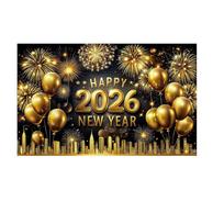 Black Gold 2026 New Year Backdrops Colorful Balloon Polyester Celebration Banner Night Glittering Champagne Photo Background