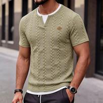 Men Cable Jacquard Textured Fake Two Piece Tee Short Sleeve V Notch Henley Neck Summer Casual Solid T-Shirt S chaki