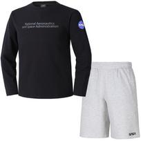 Nasa Unisex Crew Neck Long Sleeve T-Shirt + Knee-Length Cotton Shorts Set [Black + Melange White] 100
