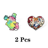 Disney 2-Piece Creative Alice in Wonderland Brooch, Fashionable Heart Alice Cheshire Cat Enamel Pin Metal Badge Jewelry Clothing Backpack Accessories 2 Pcs