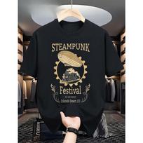 Men's Steampunk Festival Cotton T-Shirt - Bold Geometric Hot Air Balloon & Gear Print, Soft Breathable Cotton Short Sleeve Crew Neck Tee for Concerts S juoda