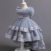 Girls Princess Puffy Tulle Trailing Dress Kids Party Performance Formal Wedding Dress 110cm pilka