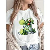 White Mojito Cocktail Print T-Shirt - Lightweight Breathable Short Sleeve Round Neck Blouse Top Suitable for Casual Wear, Kitchen, Summer Outfits S balta
