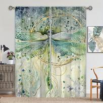 2pcs Green Dragonfly Pattern Curtains Decorative Window Drapes Window Treatments For Bedroom Living Room Home Decoration Room 100W130H(CM)40x51in&Grommet Top gray