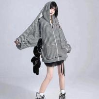 Y2k rudens mielas palaidas dryžuotas triušio ausis megztas gobtuvas Moteriški megztiniai su užtrauktuku Megztiniai megztiniai Kpop Kawaii drabužiai One size juoda