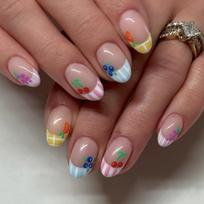 24Pcs Short Round Almond Press On Nails, Nude with Multicolor French Tips & Fruit Pattern Fake Nails for Summer United States