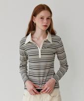 Grass Plan Henley Neck Stripe T-Shirt_Cream Black Cream Black/S
