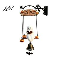 Decorative Metal Bell Ornament Halloween Swing Ghost Doorbell, with Pumpkins Decor, Gothic Style Trick Festive Front Door Hanger or Treat Sign, A