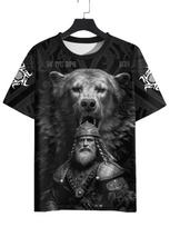Men's Black and White Norse Graphic Tee, Viking Warrior and Bear with Slavic Runes, All-Over Tribal Print, Casual Short Sleeve XXS juoda