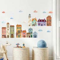 Creative Painted Clouds and City Buildings Wall Decal for Living Room Study Room Home Decor One Size beige
