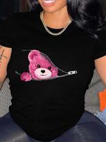 3D Pink Zipper Teddy Bear Graphic Print Tshirt Short Sleeve Crew Neck Casual Top for Summer  Spring Womens Clothing S